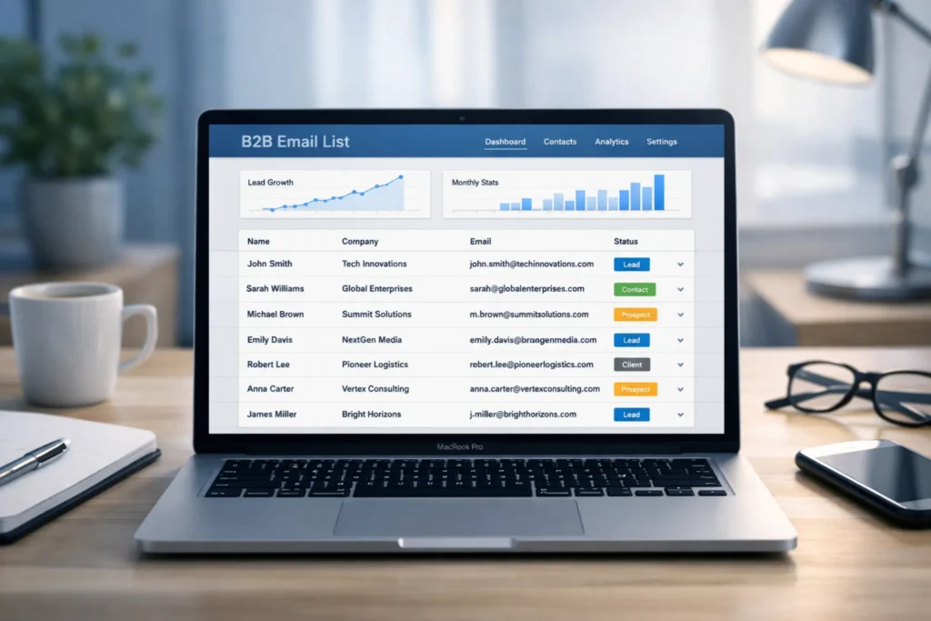 B2B email list building dashboard showing leads and data
