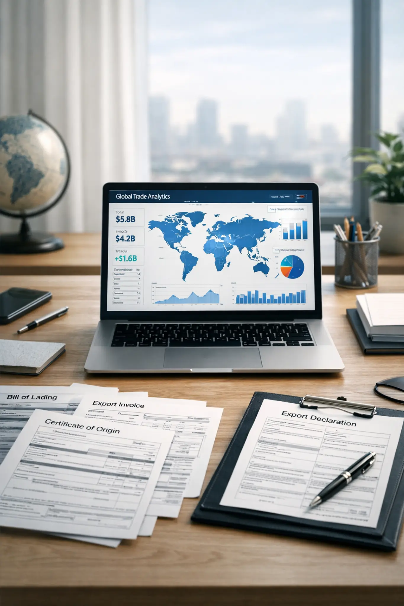 B2B export lead generation system showing global analytics dashboard and international business workflow