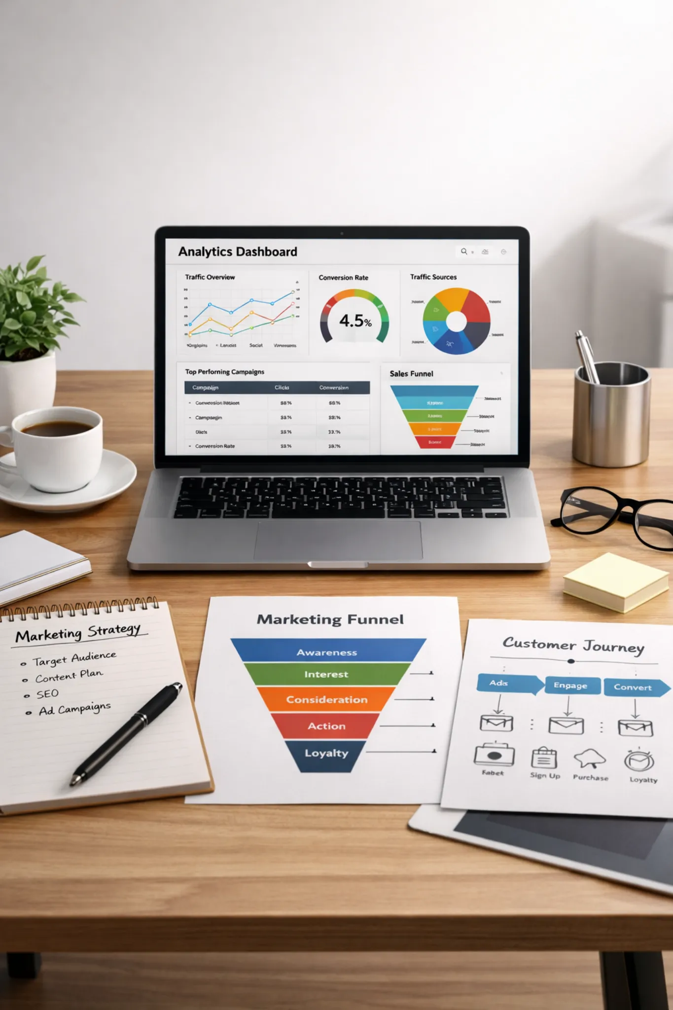 Brand positioning and buyer acquisition funnel strategy with marketing analytics and planning workspace