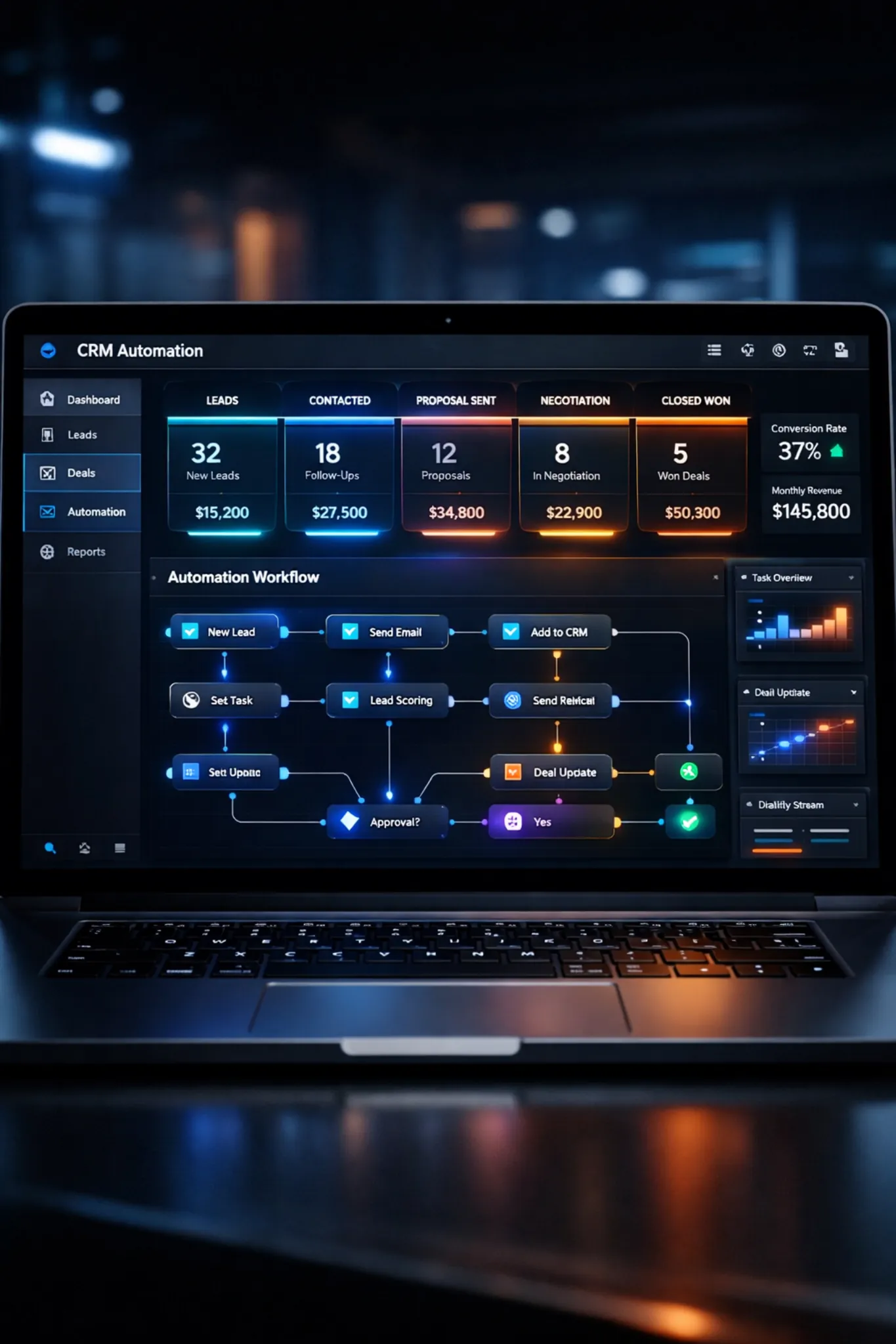 CRM automation dashboard displaying sales pipeline and lead management workflow for outbound campaigns