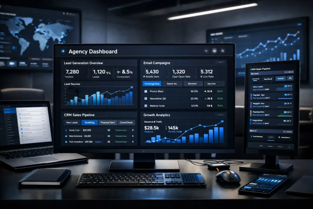 Lead generation strategies dashboard showing agency analytics and CRM pipeline