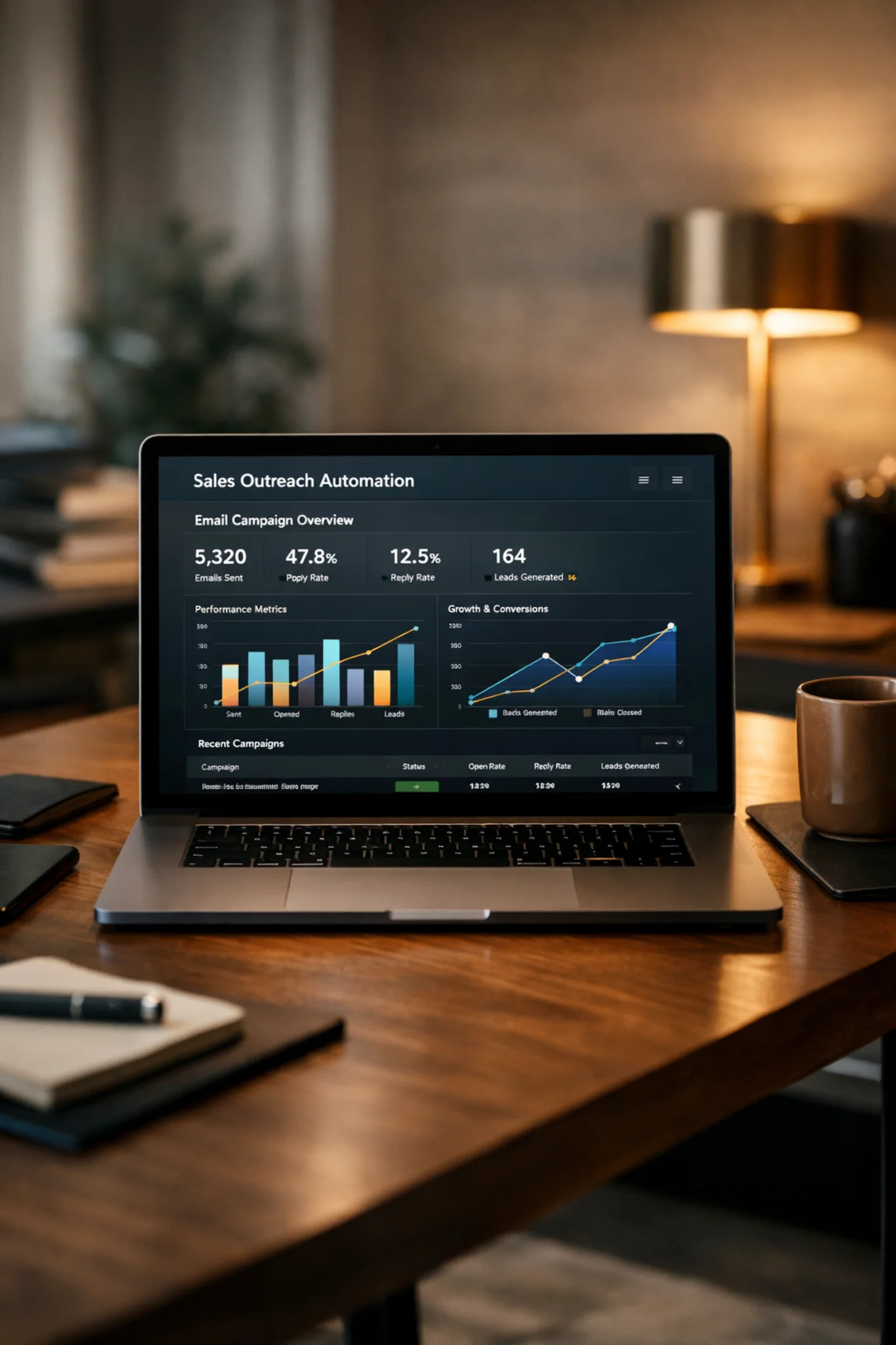 Outbound sales automation system showing email campaign performance and outreach analytics on laptop
