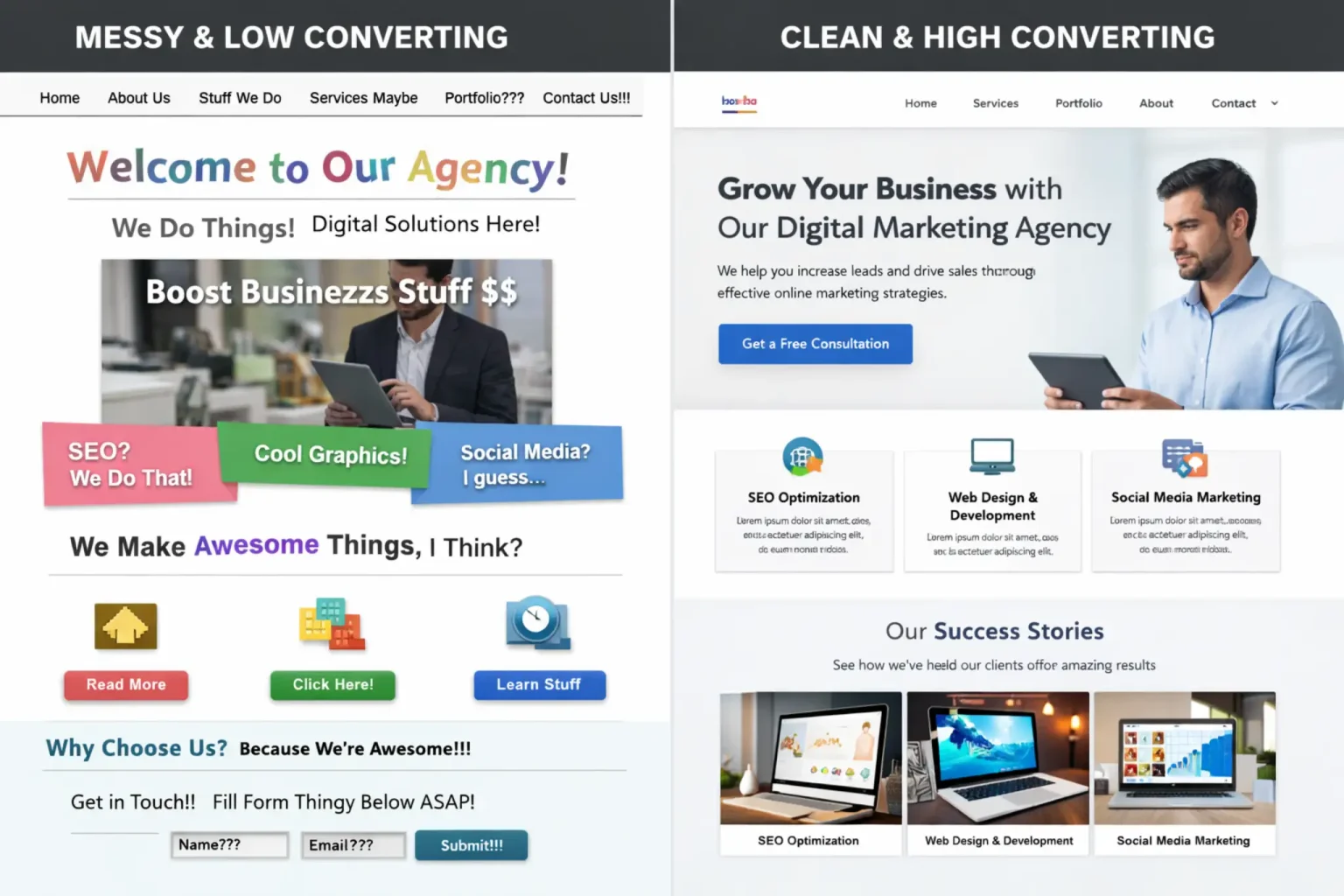 Comparison of low converting vs high converting agency website design and structure