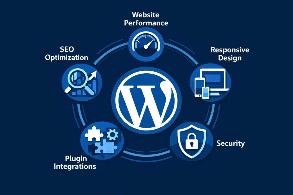 WordPress development features including SEO optimization and performance